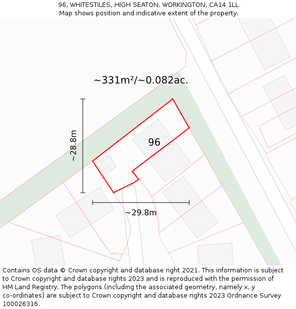 96, WHITESTILES, HIGH SEATON, WORKINGTON, CA14 1LL: Plot and title map