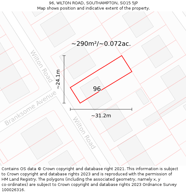 96, WILTON ROAD, SOUTHAMPTON, SO15 5JP: Plot and title map