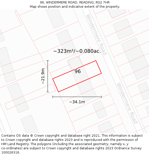 96, WINDERMERE ROAD, READING, RG2 7HR: Plot and title map