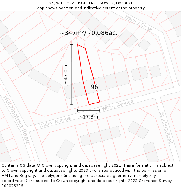 96, WITLEY AVENUE, HALESOWEN, B63 4DT: Plot and title map