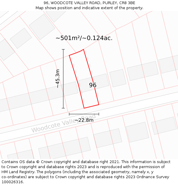 96, WOODCOTE VALLEY ROAD, PURLEY, CR8 3BE: Plot and title map