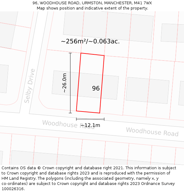 96, WOODHOUSE ROAD, URMSTON, MANCHESTER, M41 7WX: Plot and title map