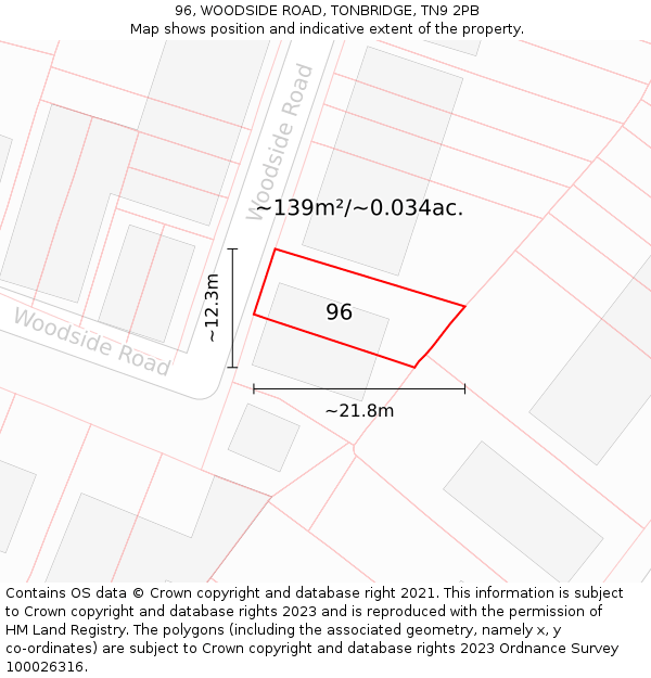 96, WOODSIDE ROAD, TONBRIDGE, TN9 2PB: Plot and title map