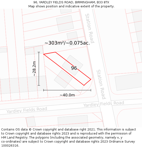 96, YARDLEY FIELDS ROAD, BIRMINGHAM, B33 8TX: Plot and title map