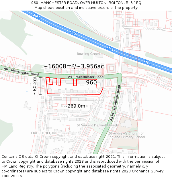 960, MANCHESTER ROAD, OVER HULTON, BOLTON, BL5 1EQ: Plot and title map