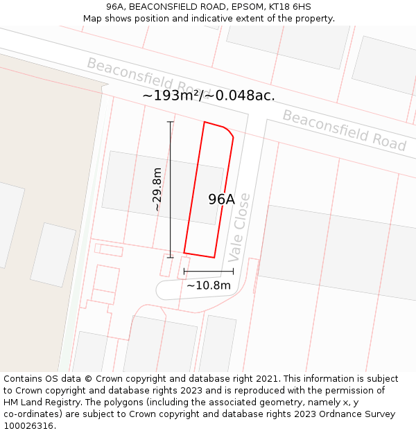 96A, BEACONSFIELD ROAD, EPSOM, KT18 6HS: Plot and title map