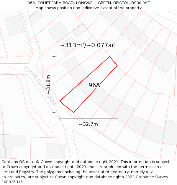 96A, COURT FARM ROAD, LONGWELL GREEN, BRISTOL, BS30 9AE: Plot and title map