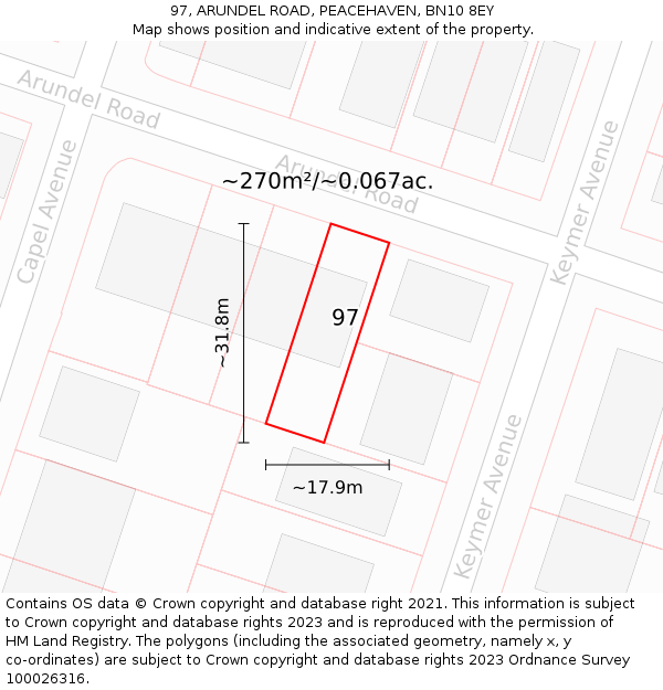 97, ARUNDEL ROAD, PEACEHAVEN, BN10 8EY: Plot and title map