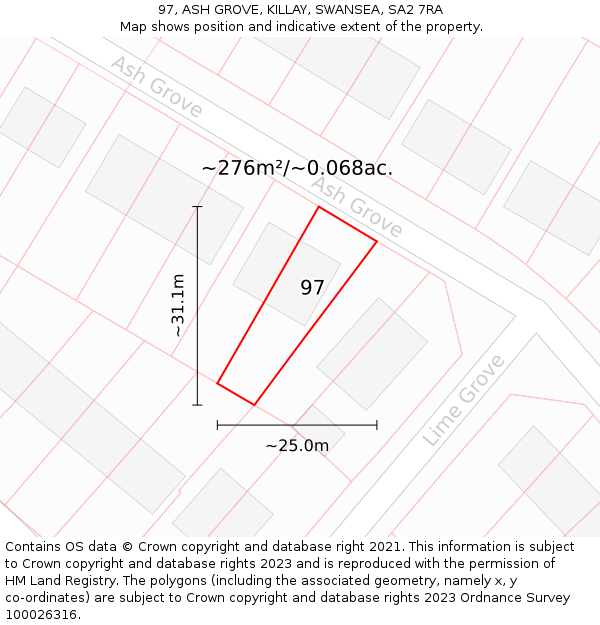 97, ASH GROVE, KILLAY, SWANSEA, SA2 7RA: Plot and title map