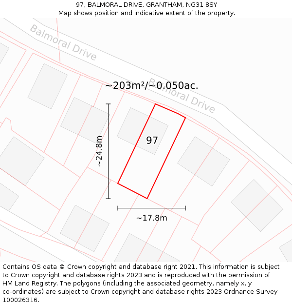 97, BALMORAL DRIVE, GRANTHAM, NG31 8SY: Plot and title map