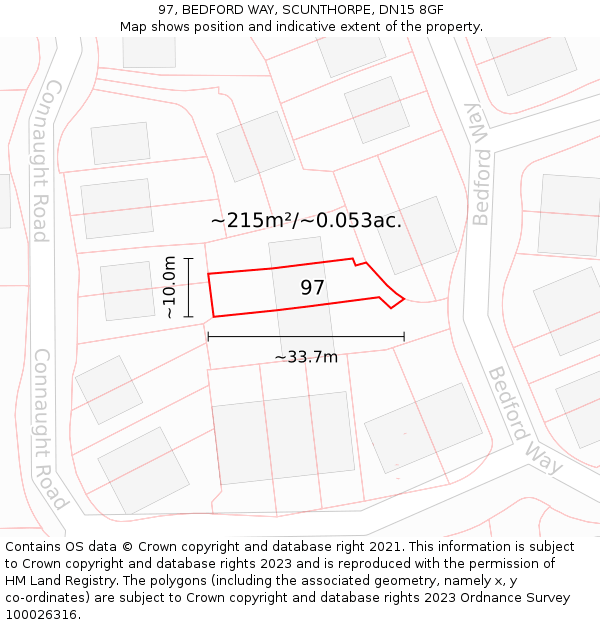 97, BEDFORD WAY, SCUNTHORPE, DN15 8GF: Plot and title map