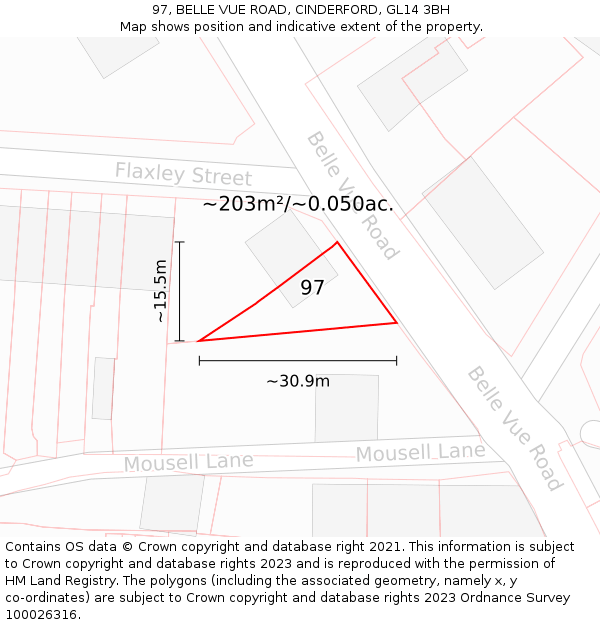 97, BELLE VUE ROAD, CINDERFORD, GL14 3BH: Plot and title map