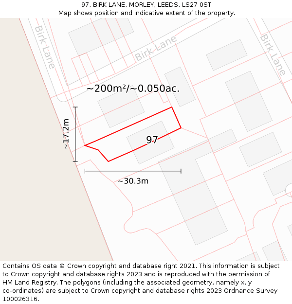 97, BIRK LANE, MORLEY, LEEDS, LS27 0ST: Plot and title map