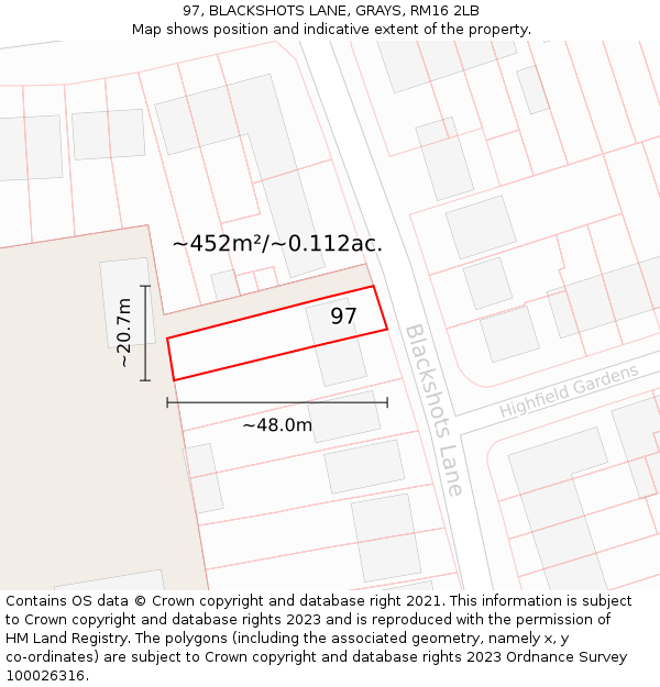 97, BLACKSHOTS LANE, GRAYS, RM16 2LB: Plot and title map
