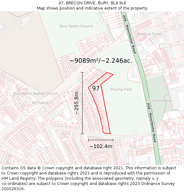 97, BRECON DRIVE, BURY, BL9 9LE: Plot and title map