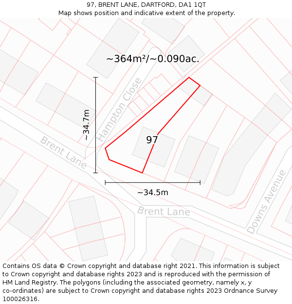 97, BRENT LANE, DARTFORD, DA1 1QT: Plot and title map