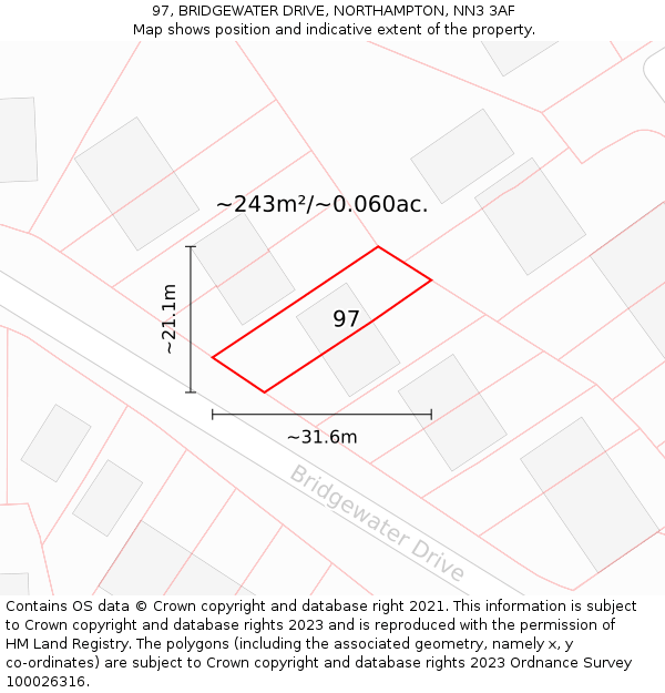 97, BRIDGEWATER DRIVE, NORTHAMPTON, NN3 3AF: Plot and title map