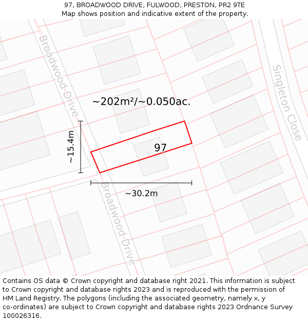 97, BROADWOOD DRIVE, FULWOOD, PRESTON, PR2 9TE: Plot and title map