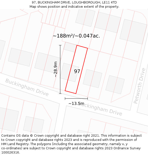 97, BUCKINGHAM DRIVE, LOUGHBOROUGH, LE11 4TD: Plot and title map