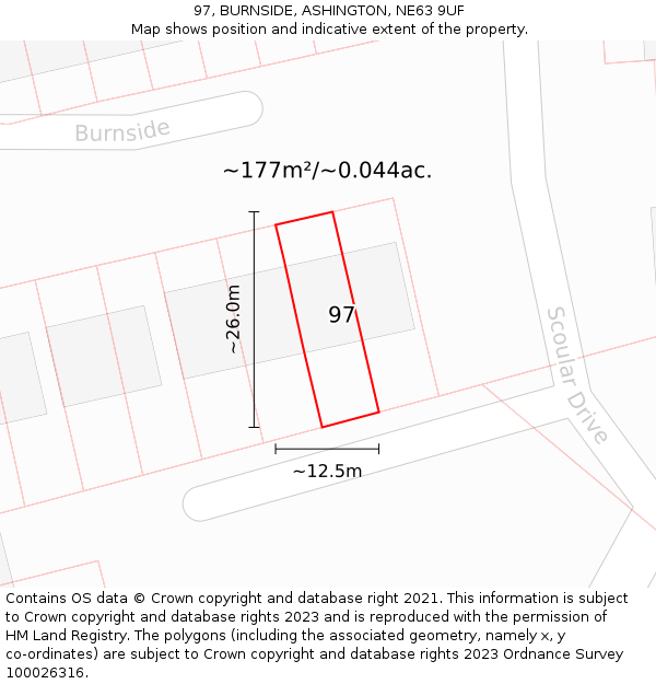 97, BURNSIDE, ASHINGTON, NE63 9UF: Plot and title map