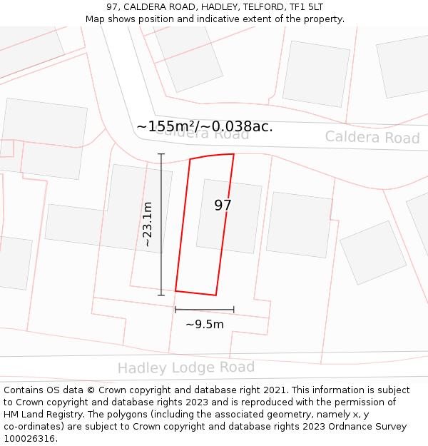 97, CALDERA ROAD, HADLEY, TELFORD, TF1 5LT: Plot and title map