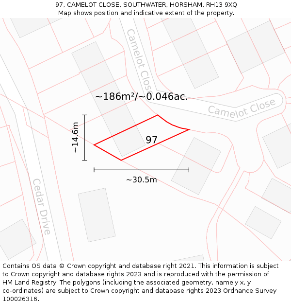 97, CAMELOT CLOSE, SOUTHWATER, HORSHAM, RH13 9XQ: Plot and title map