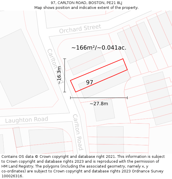 97, CARLTON ROAD, BOSTON, PE21 8LJ: Plot and title map