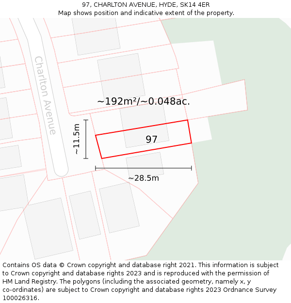 97, CHARLTON AVENUE, HYDE, SK14 4ER: Plot and title map