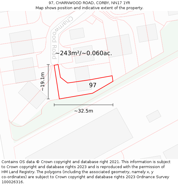 97, CHARNWOOD ROAD, CORBY, NN17 1YR: Plot and title map