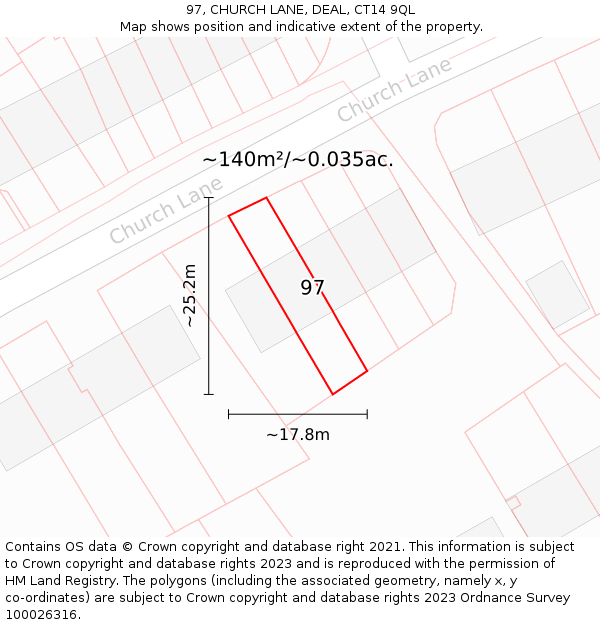 97, CHURCH LANE, DEAL, CT14 9QL: Plot and title map