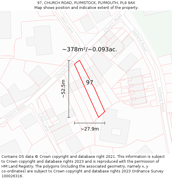 97, CHURCH ROAD, PLYMSTOCK, PLYMOUTH, PL9 9AX: Plot and title map