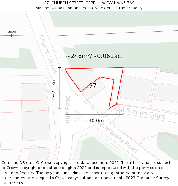 97, CHURCH STREET, ORRELL, WIGAN, WN5 7AS: Plot and title map