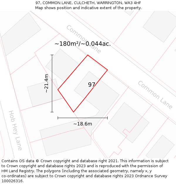 97, COMMON LANE, CULCHETH, WARRINGTON, WA3 4HF: Plot and title map