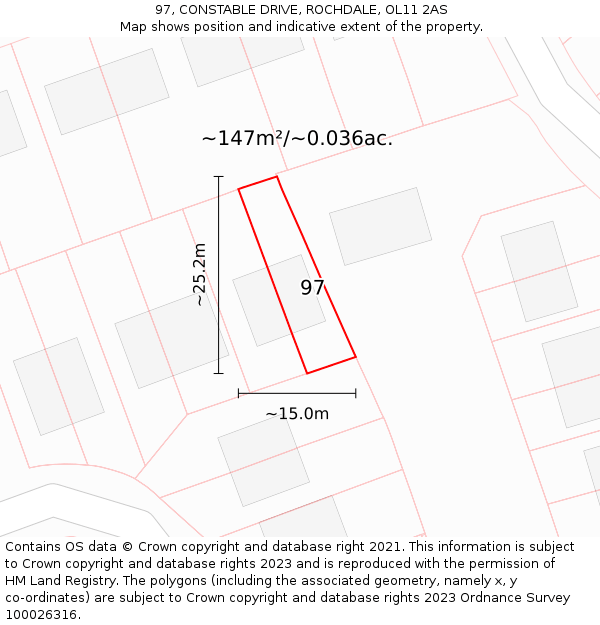 97, CONSTABLE DRIVE, ROCHDALE, OL11 2AS: Plot and title map