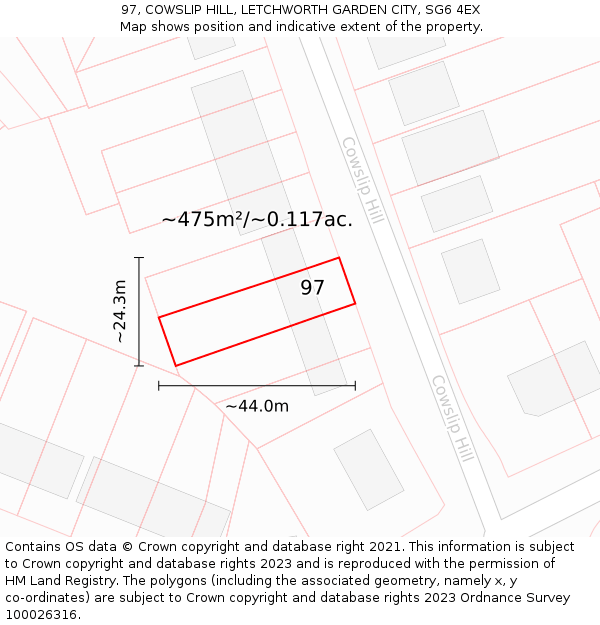 97, COWSLIP HILL, LETCHWORTH GARDEN CITY, SG6 4EX: Plot and title map