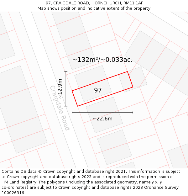 97, CRAIGDALE ROAD, HORNCHURCH, RM11 1AF: Plot and title map