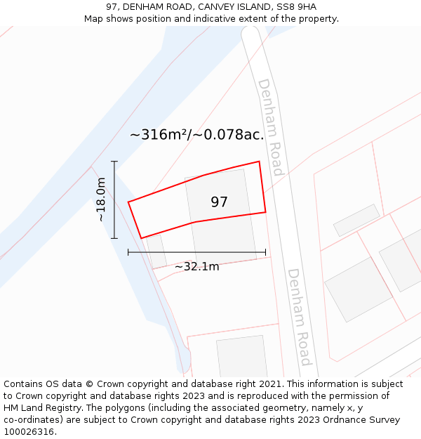 97, DENHAM ROAD, CANVEY ISLAND, SS8 9HA: Plot and title map