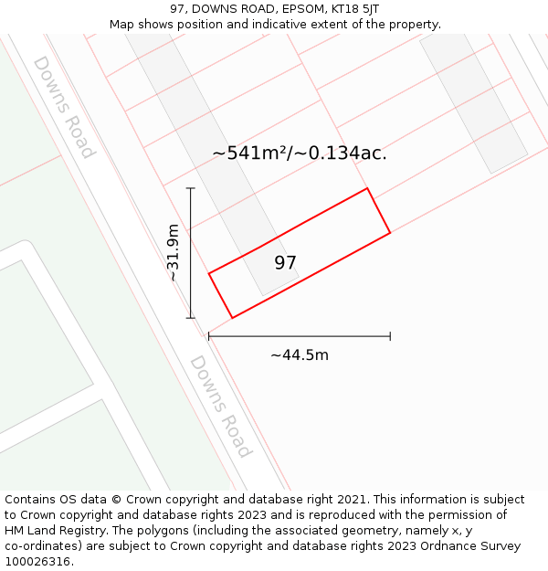 97, DOWNS ROAD, EPSOM, KT18 5JT: Plot and title map