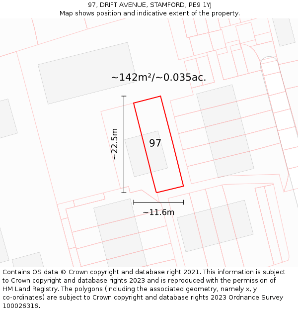 97, DRIFT AVENUE, STAMFORD, PE9 1YJ: Plot and title map