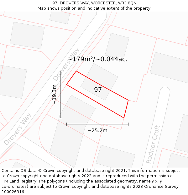 97, DROVERS WAY, WORCESTER, WR3 8QN: Plot and title map