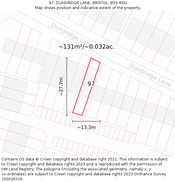 97, DUNDRIDGE LANE, BRISTOL, BS5 8SN: Plot and title map