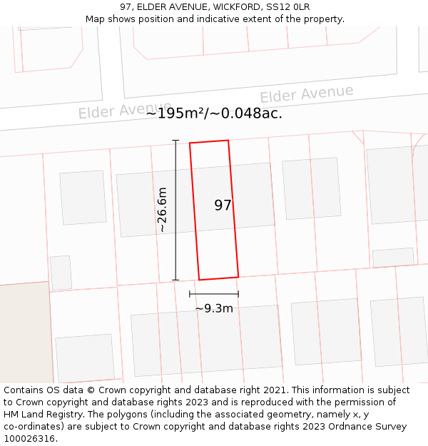 97, ELDER AVENUE, WICKFORD, SS12 0LR: Plot and title map