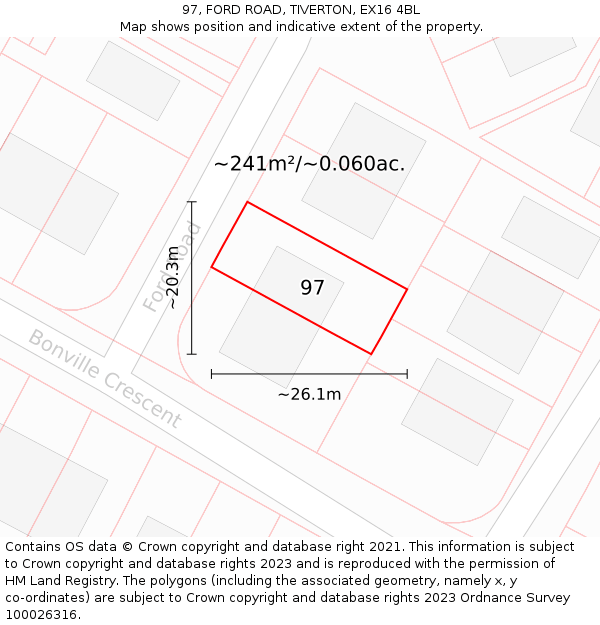 97, FORD ROAD, TIVERTON, EX16 4BL: Plot and title map