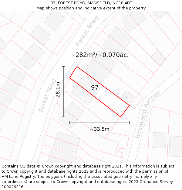 97, FOREST ROAD, MANSFIELD, NG18 4BT: Plot and title map