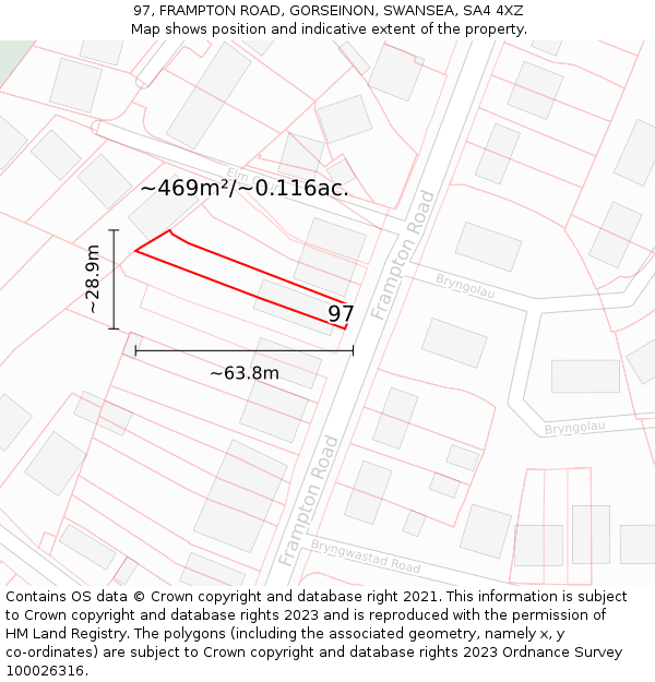 97, FRAMPTON ROAD, GORSEINON, SWANSEA, SA4 4XZ: Plot and title map