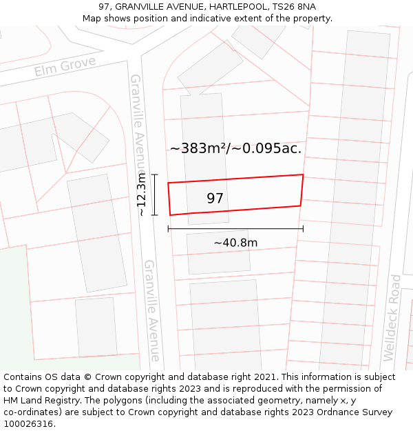 97, GRANVILLE AVENUE, HARTLEPOOL, TS26 8NA: Plot and title map