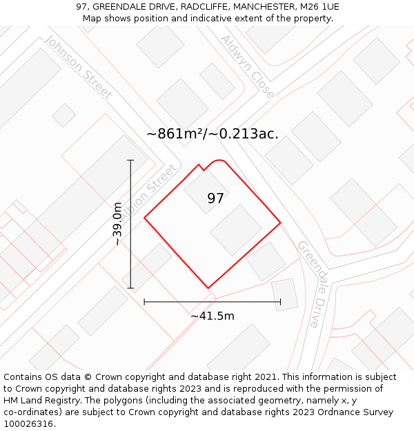 97, GREENDALE DRIVE, RADCLIFFE, MANCHESTER, M26 1UE: Plot and title map