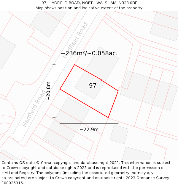 97, HADFIELD ROAD, NORTH WALSHAM, NR28 0BE: Plot and title map