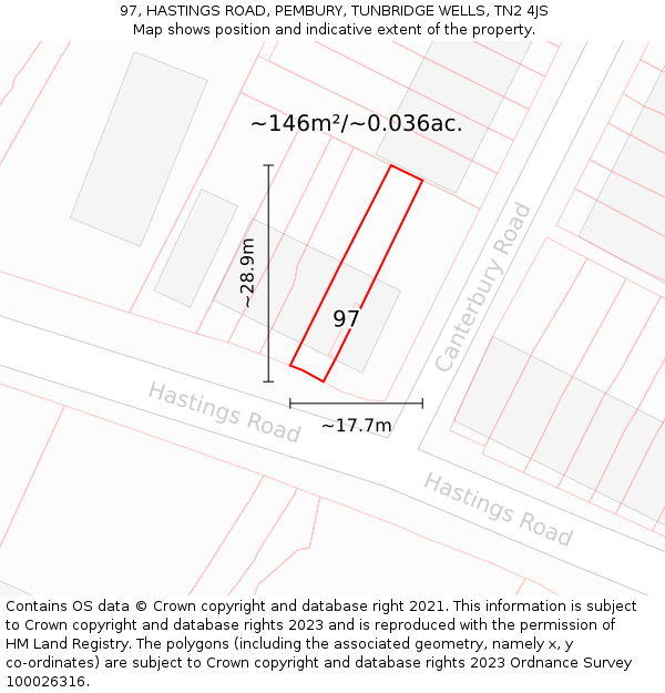 97, HASTINGS ROAD, PEMBURY, TUNBRIDGE WELLS, TN2 4JS: Plot and title map