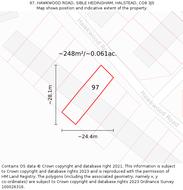 97, HAWKWOOD ROAD, SIBLE HEDINGHAM, HALSTEAD, CO9 3JS: Plot and title map